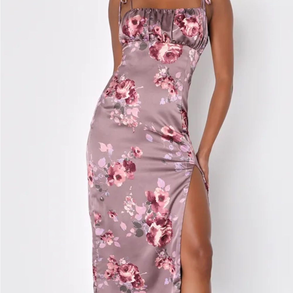 Lulu's Mauve Floral Satin Midi Dress